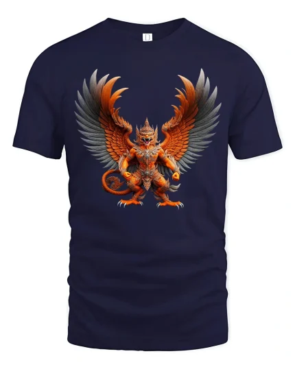 Fierce Winged Demon Warrior Fantasy Art Graphic T Shirt - navy t-shirt on white background