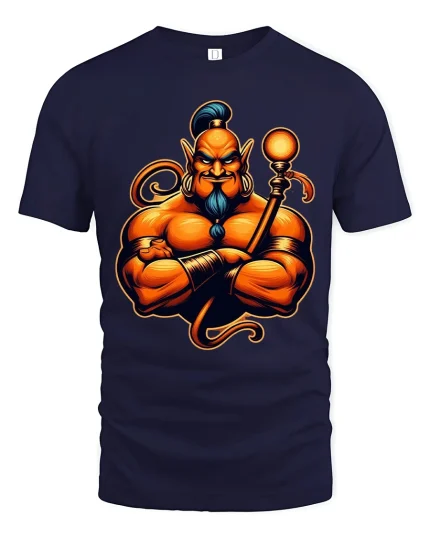 Powerful Mystic Genie Warrior Fantasy Illustration Graphic T Shirt - navy t-shirt on white background