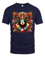 Artistic Eight Ball Owl Billiards Power Graphic T Shirt - navy t-shirt on white background