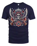 Winged Skull Revolver Tattoo Style Graphic Art T Shirt - navy t-shirt on white background