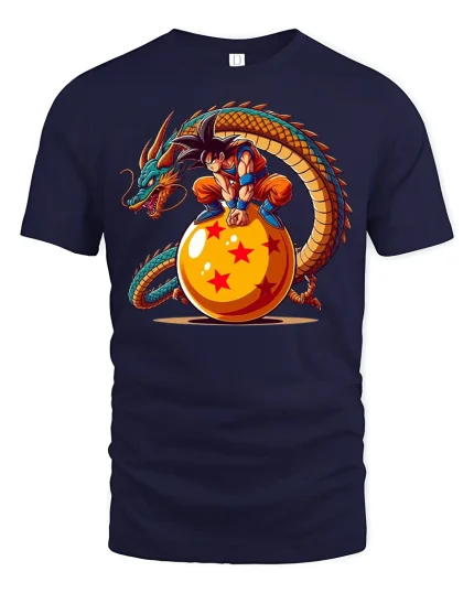 Anime Warrior Dragon Orb Fantasy Power Graphic Art T Shirt - navy t-shirt on white background