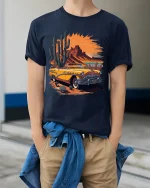 Vintage Desert Sunset Convertible Road Trip Graphic T Shirt - model wearing navy tee with hands in pockets