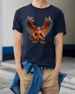 Fierce Winged Demon Warrior Fantasy Art Graphic T Shirt - model wearing navy tee with hands in pockets