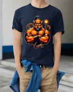 Powerful Mystic Genie Warrior Fantasy Illustration Graphic T Shirt - model wearing navy tee with hands in pockets