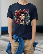 Legendary Pirate Captain Fantasy Illustration Graphic T Shirt - model wearing navy tee with hands in pockets