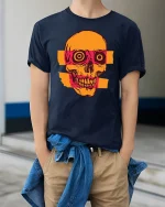 Retro Pop Art Skull Graphic T Shirt With Bold Urban Style - model wearing navy tee with hands in pockets