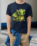Cute Baby Dragon Fantasy Art Graphic T Shirt Tee - model wearing navy tee with hands in pockets