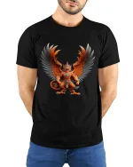 Fierce Winged Demon Warrior Fantasy Art Graphic T Shirt - model wearing black tee with hands behind back