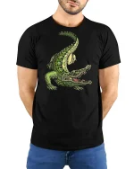 Fierce Alligator Illustration Graphic T Shirt With Wild Style - model wearing black tee with hands behind back