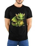 Cute Baby Dragon Fantasy Art Graphic T Shirt Tee - model wearing black tee with hands behind back