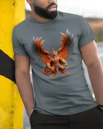 Fierce Winged Demon Warrior Fantasy Art Graphic T Shirt - model wearing grey tee, leaning on column