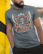 Winged Skull Revolver Tattoo Style Graphic Art T Shirt - model wearing grey tee, leaning on column