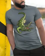 Fierce Alligator Illustration Graphic T Shirt With Wild Style - model wearing grey tee, leaning on column