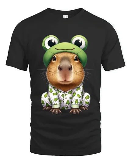Cute Capybara Frog Pajama Tee Funny Animal Graphic Tshirt - black t-shirt on white background