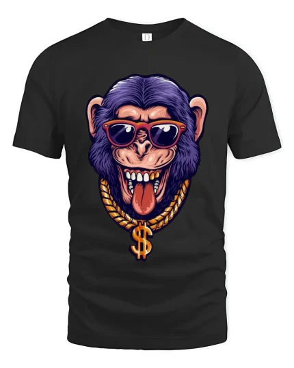 Cool Monkey Sunglasses Gold Chain Street Style Graphic Tee Tshirt - black t-shirt on white background