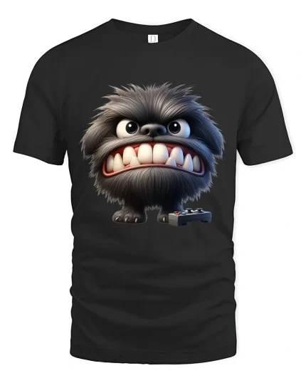 Funny Furry Monster Gamer Cartoon Big Teeth Graphic Tee Tshirt - black t-shirt on white background