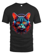 Neon Cyberpunk Cat With Headphones Futuristic Art Graphic Tee - black t-shirt on white background