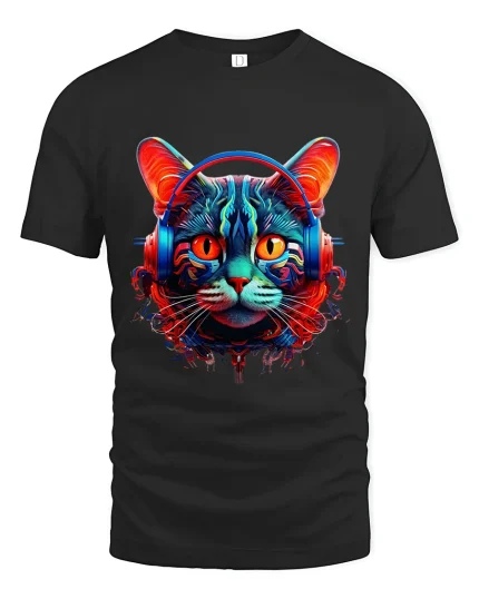 Neon Cyberpunk Cat With Headphones Futuristic Art Graphic Tee - black t-shirt on white background