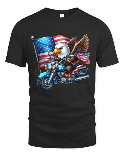 Patriotic Bald Eagle Motorcycle American Freedom Graphic Tee - black t-shirt on white background