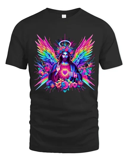 Neon Sacred Heart Angel Colorful Spiritual Art Graphic Tee - black t-shirt on white background