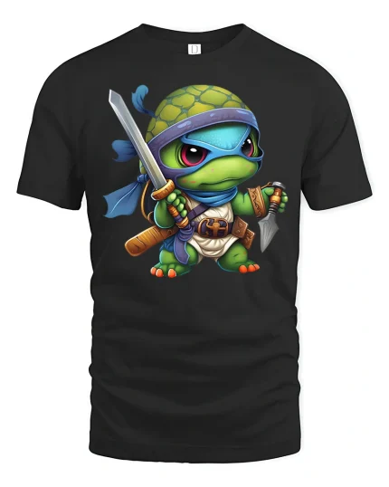 Cute Ninja Turtle Warrior Cartoon Fantasy Graphic Tee Tshirt - black t-shirt on white background