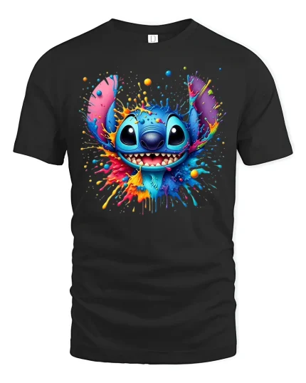 Colorful Cute Alien Splash Art Smiling Cartoon Graphic Tee Tshirt - black t-shirt on white background