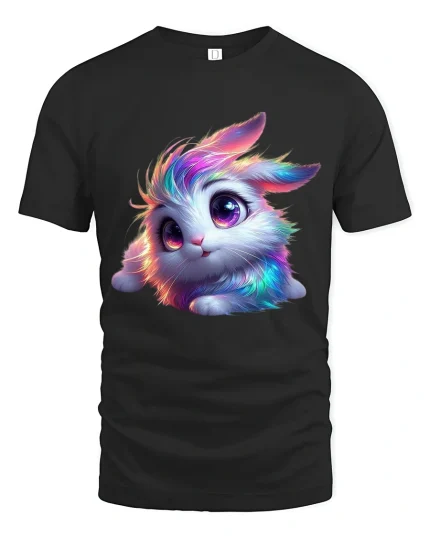 Cute Rainbow Bunny Fantasy Animal Art Graphic Tee Tshirt - black t-shirt on white background