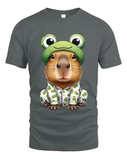 Cute Capybara Frog Pajama Tee Funny Animal Graphic Tshirt - gray t-shirt on white background