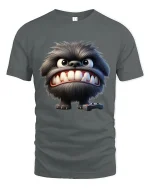 Funny Furry Monster Gamer Cartoon Big Teeth Graphic Tee Tshirt - gray t-shirt on white background