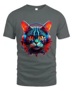 Neon Cyberpunk Cat With Headphones Futuristic Art Graphic Tee - gray t-shirt on white background