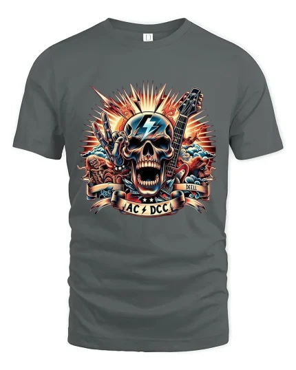 Rock Skull Guitar Lightning AC DCC Style Heavy Music Graphic Tee - gray t-shirt on white background