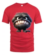 Funny Furry Monster Gamer Cartoon Big Teeth Graphic Tee Tshirt - red t-shirt on white background