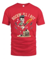 Rockin Till I Rot Skeleton Guitar Rock Music Graphic Tee Tshirt - red t-shirt on white background