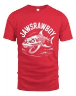 Jawsrawboy Skeleton Shark Horror Ocean Art Graphic Tee Tshirt - red t-shirt on white background