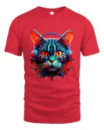 Neon Cyberpunk Cat With Headphones Futuristic Art Graphic Tee - red t-shirt on white background