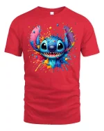 Colorful Cute Alien Splash Art Smiling Cartoon Graphic Tee Tshirt - red t-shirt on white background