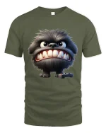 Funny Furry Monster Gamer Cartoon Big Teeth Graphic Tee Tshirt - military green t-shirt on white background