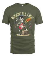 Rockin Till I Rot Skeleton Guitar Rock Music Graphic Tee Tshirt - military green t-shirt on white background