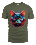 Neon Cyberpunk Cat With Headphones Futuristic Art Graphic Tee - military green t-shirt on white background