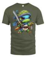 Cute Ninja Turtle Warrior Cartoon Fantasy Graphic Tee Tshirt - military green t-shirt on white background