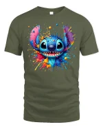Colorful Cute Alien Splash Art Smiling Cartoon Graphic Tee Tshirt - military green t-shirt on white background