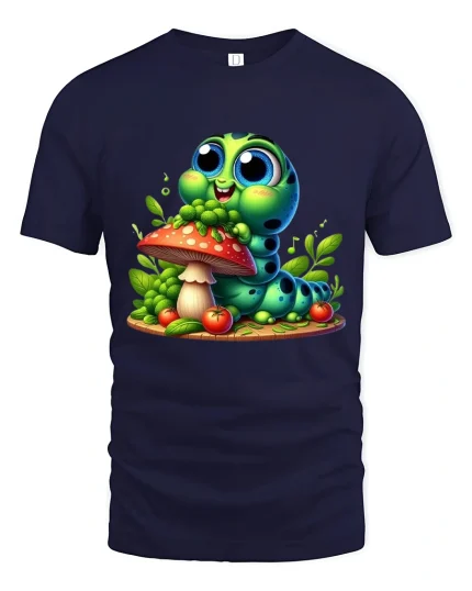 Cute Happy Caterpillar Mushroom Garden Fantasy Graphic Tee Tshirt - navy t-shirt on white background