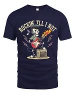 Rockin Till I Rot Skeleton Guitar Rock Music Graphic Tee Tshirt - navy t-shirt on white background