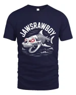 Jawsrawboy Skeleton Shark Horror Ocean Art Graphic Tee Tshirt - navy t-shirt on white background
