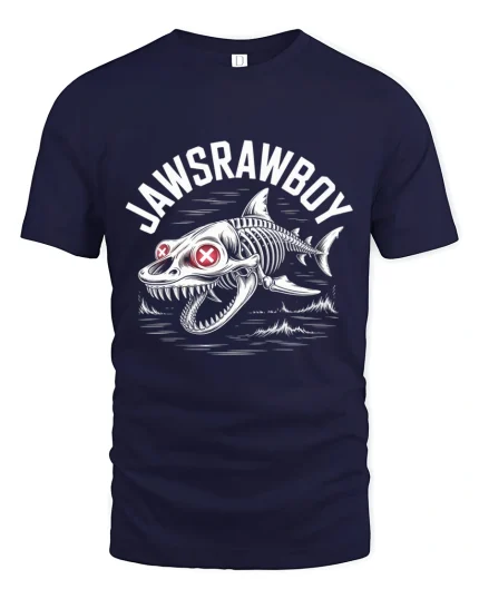 Jawsrawboy Skeleton Shark Horror Ocean Art Graphic Tee Tshirt - navy t-shirt on white background