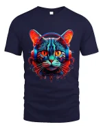 Neon Cyberpunk Cat With Headphones Futuristic Art Graphic Tee - navy t-shirt on white background