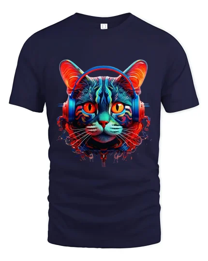 Neon Cyberpunk Cat With Headphones Futuristic Art Graphic Tee - navy t-shirt on white background