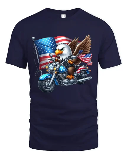 Patriotic Bald Eagle Motorcycle American Freedom Graphic Tee - navy t-shirt on white background