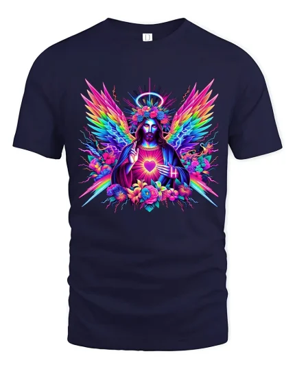 Neon Sacred Heart Angel Colorful Spiritual Art Graphic Tee - navy t-shirt on white background