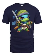 Cute Ninja Turtle Warrior Cartoon Fantasy Graphic Tee Tshirt - navy t-shirt on white background